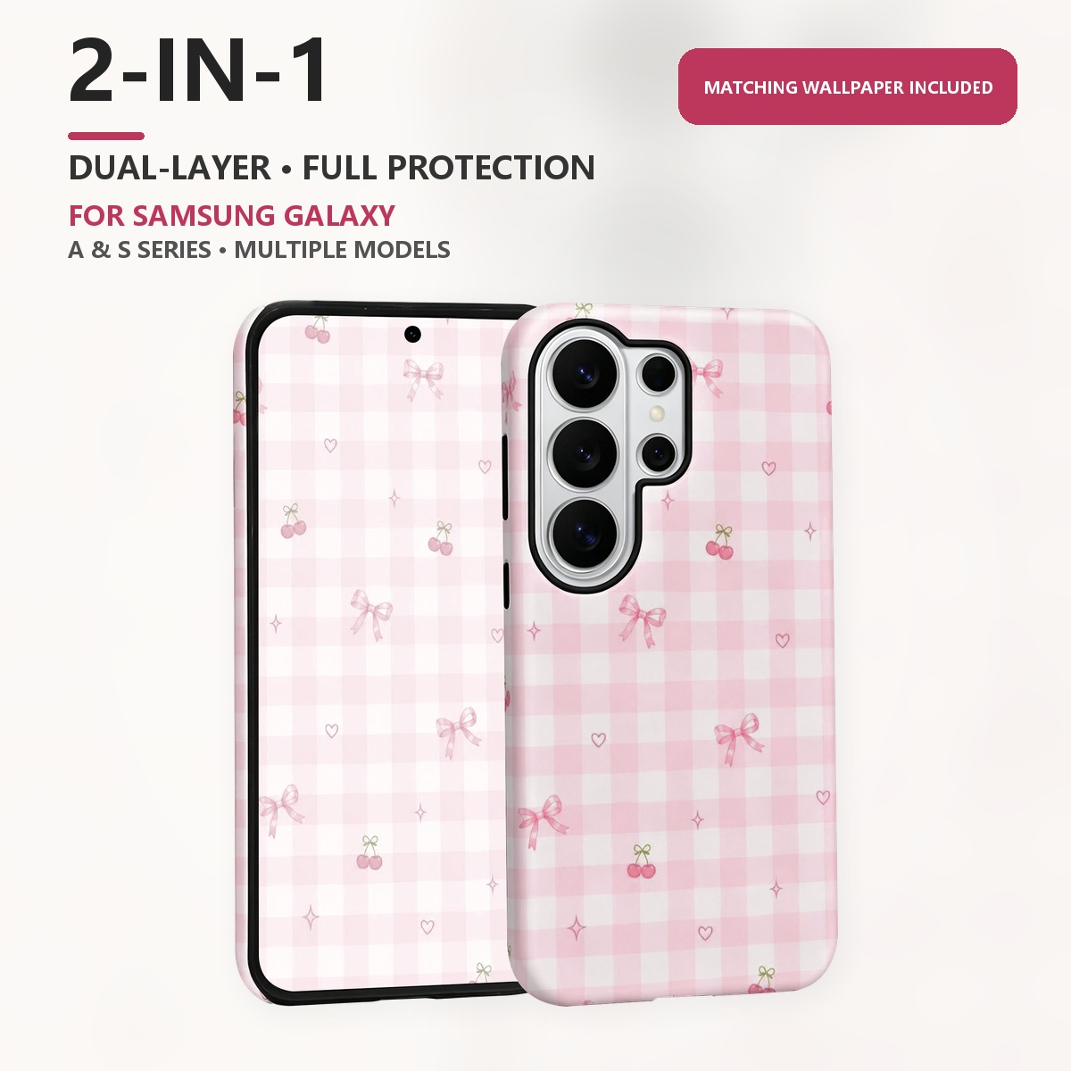 Samsung Galaxy S24 - Pink Gingham Check Pattern 2-in-1 Dual-Layer